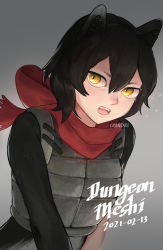 Rule 34 | 1girl, animal ears, armor, black fur, black hair, cat ears, cat girl, crandoii, dungeon meshi, english text, fangs, highres, izutsumi, leather armor, looking at viewer, open mouth, red scarf, scarf, slit pupils, yellow eyes