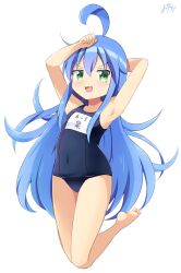 Rule 34 | 1girl, :3, ahoge, barefoot, blue hair, blue one-piece swimsuit, covered navel, flat chest, full body, green eyes, highres, inakami, izumi konata, long hair, looking at viewer, lucky star, name tag, old school swimsuit, one-piece swimsuit, school swimsuit, signature, simple background, smile, solo, swimsuit, white background
