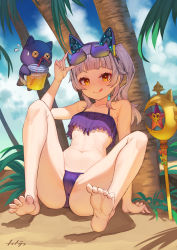 Rule 34 | 1girl, :q, absurdres, animal ears, arpeggio kaga, bare arms, bare legs, bare shoulders, barefoot, bikini, blunt bangs, blush, cat ears, closed mouth, day, eyewear on head, fake animal ears, grey hair, highres, hololive, murasaki shion, navel, outdoors, purple bikini, red eyes, sand, shiokko (murasaki shion), side ponytail, sitting, smile, solo, staff, stomach, sunglasses, swimsuit, tongue, tongue out, tree, v-shaped eyebrows, virtual youtuber