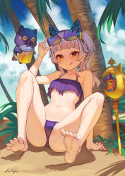 1girl :q absurdres animal_ears arpeggio_kaga bare_arms bare_legs bare_shoulders barefoot bikini blunt_bangs blush cat_ears closed_mouth day eyewear_on_head fake_animal_ears grey_hair highres hololive murasaki_shion navel outdoors purple_bikini red_eyes sand shiokko_(murasaki_shion) side_ponytail sitting smile solo staff stomach sunglasses swimsuit tongue tongue_out tree v-shaped_eyebrows virtual_youtuber