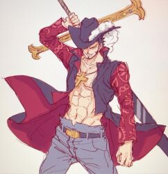 Rule 34 | 1boy, abs, aokamei, beard, belt, black hair, black hat, clenched hand, closed mouth, coat, collarbone, commentary, cowboy shot, cross pendant, dracule mihawk, english commentary, facial hair, full beard, hat, hat feather, holding, holding sword, holding weapon, jewelry, looking at viewer, male focus, muscular, muscular male, mustache, one piece, pants, pendant, short hair, simple background, solo, sword, weapon, white background