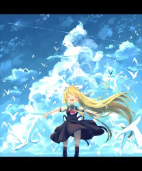 Rule 34 | 00s, 1girl, air (visual novel), ayakashi (monkeypanch), bird, blonde hair, closed eyes, cloud, day, highres, kamio misuzu, letterboxed, long hair, outstretched arms, ponytail, school uniform, seagull, solo, standing, very long hair