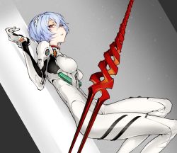 Rule 34 | 1girl, alternate breast size, ayanami rei, bident, blue hair, bodysuit, bracer, breasts, covered erect nipples, dutch angle, fishine, from side, gloves, gradient background, grey background, hair ornament, interface headset, knees up, lance, lance of longinus (evangelion), looking at viewer, lying, neon genesis evangelion, on back, parted lips, pilot suit, planted, plugsuit, polearm, red eyes, shadow, short hair, skinny, solo, spear, turtleneck, weapon