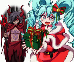 Rule 34 | 1boy, 1girl, :d, bell, blue hair, bow, box, bright pupils, cape, capelet, chest tattoo, christmas, cowboy shot, dark-skinned male, dark skin, demon horns, demon wings, dress, drill hair, evil smile, fur-trimmed capelet, fur-trimmed dress, fur trim, gift, gift box, hair between eyes, hair bow, hair over one eye, highres, holding, holding gift, holding trident, horns, idol land pripara, incoming gift, jingle bell, katasumi amari, lau (laustar30), long hair, long sleeves, looking at viewer, mario (pripara), no shirt, open mouth, pink eyes, pretty series, pripara, red bow, red cape, red capelet, red eyes, red horns, red wings, santa costume, santa dress, shaded face, short hair, simple background, smile, standing, tattoo, torn clothes, twin drills, very long hair, white background, white pupils, wings