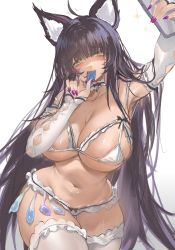 Rule 34 | 1girl, absurdres, animal ear fluff, animal ears, areola slip, azur lane, bikini, blush, breasts, cellphone, colored condom, condom, condom belt, condom wrapper, detached sleeves, fox girl, frilled bikini, frills, highres, holding, holding condom, holding phone, horz, large breasts, long hair, looking at viewer, micro bikini, multiple condoms, musashi (azur lane), nail polish, outstretched arm, phone, purple hair, reaching, reaching towards viewer, selfie, simple background, smartphone, solo, swimsuit, thighhighs, used condom, very long hair, white background, white bikini, white sleeves, white thighhighs, yellow eyes
