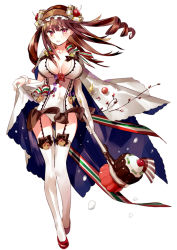 Rule 34 | 1girl, breasts, breasts apart, brown hair, cape, cherry, cleavage, cookie, drill hair, food, food-themed hair ornament, fruit, full body, garter straps, hair ornament, hairband, holding, holding weapon, large breasts, long hair, looking at viewer, mallet, ninomoto, open mouth, original, panties, personification, red eyes, simple background, smile, solo, standing, thighhighs, twin drills, underwear, upskirt, weapon, white background, white thighhighs