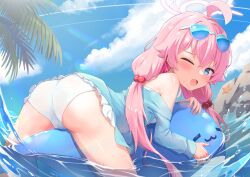 Rule 34 | 1girl, absurdres, ahoge, ass, bikini, blue-tinted eyewear, blue archive, blue eyes, blue jacket, blue sky, blush, cameltoe, cloud, commentary, eyewear on head, fang, hair bobbles, hair ornament, halo, highres, hoshino (blue archive), hoshino (swimsuit) (blue archive), jacket, kuroliu 9021, long hair, looking at viewer, looking back, low twintails, off shoulder, official alternate costume, on innertube, one eye closed, open mouth, outdoors, palm tree, partially submerged, pink hair, pink halo, rock, skin fang, sky, solo, swimsuit, symbol-only commentary, tinted eyewear, tree, twintails, wet, white bikini
