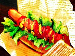 Rule 34 | food, food focus, food wrapper, frying-ammonite, hot dog, hot dog bun, ketchup, lettuce, mustard, no humans, original, still life