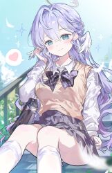 Rule 34 | 0202ase, 1girl, aqua eyes, cardigan, honkai: star rail, honkai (series), long hair, long sleeves, looking at viewer, purple hair, robin (honkai: star rail), sitting, smile, solo