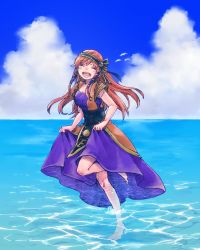 Rule 34 | 1girl, barefoot, bird, breasts, chrono cross, clothes lift, cloud, dress, dress lift, closed eyes, full body, hairband, highres, leena (chrono cross), long hair, michibata 65, ocean, open mouth, red hair, smile, solo, wading