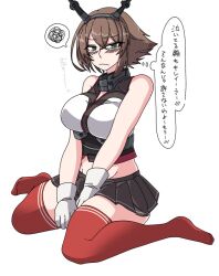 Rule 34 | 1girl, bare shoulders, breasts, brown hair, full body, gloves, green eyes, k (shiganai shakaijin), kantai collection, large breasts, miniskirt, mutsu (kancolle), radio antenna, red thighhighs, sitting, skirt, solo, speech bubble, thighhighs, white gloves