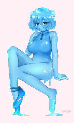 Rule 34 | 1girl, blue eyes, blue hair, blue skin, breasts, chinese clothes, colored skin, finger to mouth, highres, large breasts, looking at viewer, monster girl, short hair, sitting, slime girl, solo