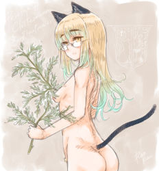 Rule 34 | 1girl, animal ears, ass, blonde hair, blush, branch, breasts, cat ears, cat tail, female pubic hair, glasses, long hair, nude, perrine h. clostermann, pubic hair, ryou (shirotsumesou), small breasts, smile, solo, strike witches, tail, world witches series, yellow eyes