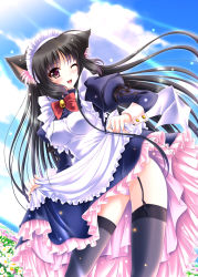 Rule 34 | 1girl, :d, akino shin, animal ears, apron, black hair, black thighhighs, blush, clothes lift, cloud, day, flower, garter straps, highres, leaning forward, long hair, looking at viewer, maid, maid apron, maid headdress, one eye closed, open mouth, original, panties, pantyshot, purple eyes, skirt, skirt lift, sky, smile, solo, sunlight, thighhighs, underwear, upskirt, white panties, wink