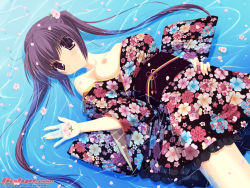 Rule 34 | 1girl, 2009, bare shoulders, breast slip, breasts, clothes pull, flower, galge.com, japanese clothes, kimono, long hair, lying, medium breasts, miyasaka miyu, nipples, one breast out, petals, purple eyes, purple hair, shirt pull, solo, twintails, wallpaper, water