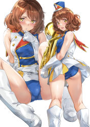 Rule 34 | 1girl, ass, band uniform, bare shoulders, blue panties, blue skirt, blush, boots, breasts, brown eyes, brown hair, buttons, clothes lift, curly hair, elbow gloves, euphonium, from behind, gloves, groin, hand on own chin, hat, hibike! euphonium, highres, holding, holding instrument, instrument, kneepits, legs, looking at viewer, looking back, marching band, medium hair, multicolored clothes, multiple views, nagayori, open mouth, oumae kumiko, panties, pantyshot, presenting, shirt, sitting, skirt, skirt lift, sleeveless, sleeveless shirt, smile, spread legs, thighs, trefoil, underwear, white footwear, white gloves, white shirt, white skirt, wind, wind lift