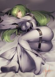 Rule 34 | 1girl, :o, blush, bodysuit, boots, breasts, c.c., cameltoe, code geass, genyaky, green hair, high heel boots, high heels, highres, long hair, looking at viewer, lying, medium breasts, multiple straps, on side, sleeves past fingers, sleeves past wrists, solo, thigh boots, thighhighs, tsurime, very long hair, white bodysuit, white footwear, yellow eyes