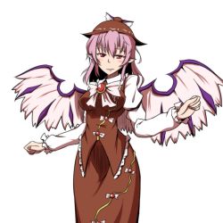Rule 34 | 1girl, bird wings, breasts, brooch, hat feather, jewelry, large breasts, looking at viewer, midori niku, mystia lorelei, aged up, pink eyes, pink hair, solo, touhou, white background, wings