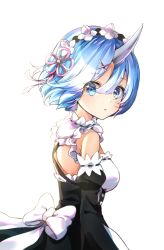 Rule 34 | 1girl, :o, black dress, black sleeves, blue eyes, blue hair, bow, breasts, commentary request, detached sleeves, dress, hair between eyes, hair ornament, hair ribbon, hairclip, horns, juliet sleeves, long sleeves, looking at viewer, looking to the side, melings (aot2846), parted lips, pink ribbon, puffy sleeves, re:zero kara hajimeru isekai seikatsu, rem (re:zero), ribbon, ribbon-trimmed sleeves, ribbon trim, simple background, single horn, sleeveless, sleeveless dress, small breasts, solo, white background, white bow, x hair ornament