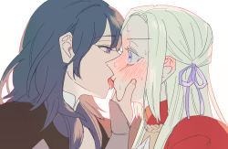 Rule 34 | 2girls, age difference, bang gu9, blonde hair, blue eyes, blue hair, blush, byleth (female) (fire emblem), byleth (fire emblem), cheek squash, commentary request, ear blush, edelgard von hresvelg, embarrassed, eye contact, fire emblem, fire emblem: three houses, forced, forced kiss, formal, french kiss, kiss, licking another&#039;s lips, licking lips, looking at another, multiple girls, nintendo, purple eyes, saliva, simple background, surprise kiss, surprised, sweat, teacher and student, tongue, tongue out, white background, yuri
