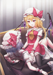 Rule 34 | 2girls, absurdres, arm support, ascot, bat wings, black legwear, blonde hair, blue hair, blush, bow, breasts, couch, crystal, dress, flandre scarlet, frilled shirt collar, frills, hair between eyes, hat, hat bow, hat ribbon, highres, huge filesize, incest, indoors, long hair, looking at another, lying, midriff peek, minust, mob cap, multiple girls, navel, no shoes, on back, one side up, open mouth, petticoat, puffy short sleeves, puffy sleeves, red bow, red eyes, red ribbon, red skirt, red vest, remilia scarlet, ribbon, scan, shirt, short hair, short sleeves, siblings, sisters, sitting, sitting on person, skirt, skirt set, slit pupils, small breasts, striped, thighhighs, thighs, touhou, vertical stripes, vest, white dress, white headwear, white shirt, wings, wrist cuffs, yellow ascot, yuri