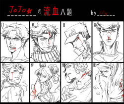 Rule 34 | 1girl, 6+boys, adling, battle tendency, blood, blood in mouth, blood on face, braid, bug, butterfly, chart, diamond is not crash, dixie cup hat, double bun, family, father and daughter, giorno giovanna, hair bun, hat, higashikata josuke, higashikata josuke (jojolion), horseshoe, insect, johnny joestar, jojo no kimyou na bouken, jojolion, jonathan joestar, joseph joestar, joseph joestar (young), kuujou jolyne, kuujou joutarou, midriff, military hat, monochrome, multiple boys, nosebleed, peaked cap, phantom blood, pompadour, sailor collar, scarf, sleeveless, spot color, star (symbol), stardust crusaders, steel ball run, stone ocean, striped clothes, striped scarf, tank top, translation request, uncle and nephew, vento aureo