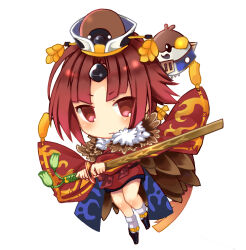 Rule 34 | 1girl, benienma (fate), bird, bird hat, brown feathers, chibi, closed mouth, fate/grand order, fate (series), feathers, geta, hat, highres, holding, holding sword, holding weapon, japanese clothes, long hair, low ponytail, momozakura nanao, no nose, red eyes, socks, solo, sparrow, sword, weapon, white socks