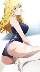 Rule 34 | 1girl, absurdres, ahoge, ass, bare shoulders, blonde hair, blue one-piece swimsuit, blurry, blurry background, blush, breasts, closed mouth, from side, green eyes, highres, hoshii miki, idolmaster, idolmaster (classic), idolmaster million live!, idolmaster million live! theater days, katsu (kana), long hair, looking at viewer, medium breasts, one-piece swimsuit, sitting, smile, solo, swimsuit, thighhighs, wet, wet clothes, wet swimsuit, white background, white thighhighs, yokozuwari