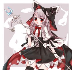 Rule 34 | 1girl, :o, anchor, azur lane, black cape, black skirt, blush, bow, bowtie, cape, chain, erebus (azur lane), gloves, grey hair, head tilt, high-waist skirt, highres, holding, hood, hood up, hooded cape, index finger raised, long hair, looking at viewer, open mouth, red bow, red bowtie, red eyes, shimashiro itsuki, shirt, short sleeves, skirt, solo, striped clothes, striped thighhighs, suspender skirt, suspenders, thighhighs, torn clothes, very long hair, white gloves, white shirt