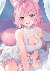 Rule 34 | 1girl, absurdres, animal cutout, animal ear fluff, animal ears, antenna hair, arm support, armlet, armpit crease, babydoll, bloomers, blurry, blurry background, blush, bow, braid, breasts, choker, cleavage, cleavage cutout, clothing cutout, collarbone, commentary, curtains, extra ears, fang, fingernails, frilled babydoll, frilled choker, frills, hair bow, hair ornament, hakui koyori, hakui koyori (summer), highres, hololive, huge breasts, isaya (pixiv4541633), leaning to the side, looking at viewer, medium hair, nail polish, navel, official alternate costume, open mouth, pink bloomers, pink bow, pink choker, pink hair, pink nails, pom pom (clothes), purple eyes, sleeves past wrists, smile, solo, tail, thigh strap, thighs, two-tone choker, underwear, virtual youtuber, white babydoll, white bloomers, white choker, wolf ears, wolf girl, wolf tail
