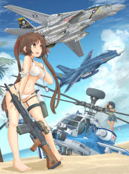 Rule 34 | 2girls, 30x113mm, absurdres, ah-64 apache, aim-54 phoenix, aim-9 sidewinder, air-to-air missile, air-to-surface missile, aircraft, airplane, ammunition, ammunition chute, anti-materiel cartridge, armband, assault rifle, attack helicopter, autocannon, barefoot, battle rifle, beach, beyond-visual-range missile, bikini, black gloves, blue hair, blue sky, bracelet, braid, breasts, brown eyes, brown hair, cannon, cannon cartridge, chain gun, closed mouth, clothes around waist, commentary request, day, dog tail, drop tank, dutch angle, elbow rest, f-14 tomcat, fighter jet, flying, food, full-power cartridge, gloves, green eyes, green shirt, grey shorts, gun, gunship, hair ribbon, hand on own chest, hand on own thigh, helicopter, helicopter gunship, highres, howa type 64, jet, jewelry, large-caliber cartridge, leaning forward, legs, long hair, long sleeves, looking at another, m230 chain gun, magnum cartridge, medium breasts, mikeran (mikelan), military, military cartridge, military vehicle, multiple girls, multiple others, navel, ocean, open mouth, original, outdoors, palm tree, partial commentary, pilot, popsicle, pouch, red ribbon, ribbon, rifle, roundel, scope, shirt, short hair, shorts, side-tie bikini bottom, single glove, skull and crossbones, sky, sleeves rolled up, smile, standing, swimsuit, tail, thigh strap, tree, twintails, united states navy, vehicle focus, waving, weapon, white bikini