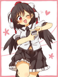 Rule 34 | 1girl, ;d, black footwear, black hair, black necktie, black skirt, black wings, border, breasts, collared shirt, commentary request, dress shirt, ears visible through hair, feathered wings, finger frame, frilled skirt, frills, hair between eyes, hat, head tilt, heart, highres, looking at viewer, midriff peek, navel, necktie, one eye closed, open mouth, pink border, pleated skirt, pom pom (clothes), puffy short sleeves, puffy sleeves, red eyes, red hat, shameimaru aya, shirt, shoes, short sleeves, skirt, small breasts, smile, solo, tokin hat, totoharu (kujirai minato), touhou, white background, white shirt, wings