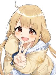 Rule 34 | 1girl, :d, ahoge, applepie (12711019), blonde hair, blue bow, blush, bow, brown eyes, futaba anzu, hair bow, highres, idolmaster, idolmaster cinderella girls, long hair, long sleeves, looking at viewer, low twintails, open mouth, simple background, smile, solo, teeth, twintails, v, white background