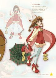 Rule 34 | 1girl, ahoge, ankle boots, artbook, boots, brown hair, cape, character name, concept art, dress, english text, full body, green eyes, hairband, lilka eleniak, long sleeves, looking at viewer, map, multiple views, official art, red dress, smile, star (symbol), text focus, thighhighs, umbrella, white background, white thighhighs, wild arms, wild arms 2, yellow hairband, zettai ryouiki, zipper