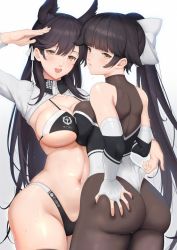 Rule 34 | 2girls, amakuri3000, anchor symbol, animal ears, ass, ass grab, atago (azur lane), atago (stunning speedster) (azur lane), azur lane, bare shoulders, bikini, black bikini, black bodysuit, black hair, black legwear, black leotard, blush, bodystocking, bodysuit, bow, breasts, brown eyes, collarbone, dog ears, elbow gloves, emblem, fingerless gloves, from behind, frown, gloves, grabbing own ass, gradient background, hair bow, hair flaps, hair ribbon, hand on own ass, high ponytail, large breasts, leotard, long hair, mole, mole under eye, multicolored leotard, multiple girls, navel, open mouth, pantyhose, parted lips, ponytail, race queen, ribbon, shiny skin, shrug (clothing), sweat, swimsuit, takao (azur lane), takao (full throttle charmer) (azur lane), thighhighs, thighs, white bow, white ribbon