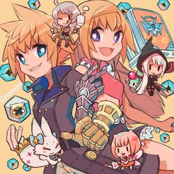Rule 34 | 1boy, blue eyes, breasts, brother and sister, brown hair, closed mouth, commentary request, final fantasy, gloves, jacket, lann (world of final fantasy), long hair, multiple girls, open mouth, reynn (world of final fantasy), siblings, skirt, sleeveless, smile, spiked hair, sunagimo (nagimo), tama (world of final fantasy), world of final fantasy