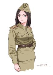 Rule 34 | 1girl, :|, alternate costume, arm behind head, artist name, belt, black hair, blue eyes, brown belt, brown hat, brown jacket, brown skirt, closed mouth, commentary, cowboy shot, cropped torso, dated, epaulettes, garrison cap, girls und panzer, hammer and sickle, hat, highres, horikou, jacket, long hair, long sleeves, medium skirt, military, military hat, military uniform, nonna (girls und panzer), one-hour drawing challenge, pencil skirt, signature, simple background, skirt, soldier, solo, soviet, soviet army, standing, swept bangs, uniform, white background