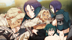 Rule 34 | 3girls, absurdres, blonde hair, blue hair, breasts, byleth (female) (fire emblem), byleth (fire emblem), catherine (fire emblem), commentary, cunnilingus, cup, dark-skinned female, dark skin, english commentary, fff threesome, fire emblem, fire emblem: three houses, green hair, group sex, highres, large breasts, multiple girls, nintendo, oral, orphen (pink seito), pussy, pussy juice, shamir nevrand, spread legs, tea, teacup, threesome, yuri
