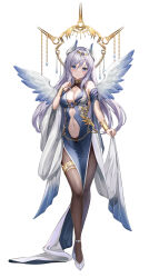 Rule 34 | 1girl, absurdres, angel wings, bare shoulders, blue dress, blue eyes, brown pantyhose, circlet, closed mouth, clothing cutout, collarbone, commentary request, covered collarbone, crossed legs, dress, feathered wings, full body, grey hair, hair between eyes, hand up, highres, long hair, looking at viewer, lunacle, navel, navel cutout, original, pantyhose, romaji commentary, shoes, simple background, sleeveless, sleeveless dress, smile, solo, very long hair, white background, white footwear, white wings, wings