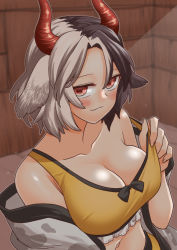 Rule 34 | 1girl, animal ears, animal print, bare shoulders, black hair, blush, breasts, cleavage, closed mouth, clothes pull, collarbone, commentary request, cow ears, cow girl, cow horns, cow print, fuuzasa, haori, horns, japanese clothes, large breasts, looking at viewer, medium hair, multicolored hair, pulled by self, red eyes, smile, solo, split-color hair, sports bra, sports bra pull, touhou, two-tone hair, upper body, ushizaki urumi, white hair, yellow sports bra