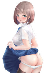 Rule 34 | 1girl, ass, black thighhighs, blue eyes, blue skirt, blunt bangs, blush, bob cut, breasts, brown hair, butt crack, clothes lift, collared shirt, commentary, embarrassed, highres, iwanishi, looking at viewer, medium breasts, open mouth, original, panties, panty pull, school uniform, shirt, short sleeves, simple background, skirt, skirt lift, solo, standing, teeth, thighhighs, underwear, upper teeth only, white background, white panties, white shirt