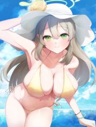 Rule 34 | 1girl, absurdres, bead bracelet, beads, bikini, blue archive, blue sky, bracelet, breasts, brown hair, closed mouth, cloud, collarbone, commentary, day, green eyes, green halo, halo, hat, highres, jewelry, large breasts, long hair, looking at viewer, metugimomo, nonomi (blue archive), nonomi (swimsuit) (blue archive), ocean, official alternate costume, outdoors, sky, smile, solo, swimsuit, white hat, yellow bikini