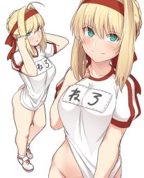Rule 34 | 1girl, ahoge, blonde hair, blush, bottomless, breasts, collarbone, commentary request, fate/grand order, fate (series), full body, green eyes, gym uniform, hair intakes, headband, large breasts, looking at viewer, medium breasts, medium hair, multiple views, nero claudius (fate), nero claudius (fate) (all), nero claudius (fate/extra), nero claudius (olympian bloomers) (fate), official alternate costume, shiseki hirame, shoes, short sleeves, sidelocks, simple background, smile, sneakers, socks, white background