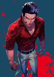 Rule 34 | 1boy, black hair, blood, blood on hands, from above, highres, iroha (akei0710), kiryu kazuma, looking to the side, male focus, manly, red shirt, ryuu ga gotoku (series), ryuu ga gotoku 3, sega, shirt, short hair, signature, sleeves rolled up, solo, watch, wristwatch