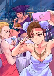 Rule 34 | 3girls, 6maker, :t, absurdres, antenna hair, bare shoulders, blue eyes, blunt bangs, bottle, breasts, brown eyes, brown hair, bun cover, cammy white, capcom, cellphone, chun-li, cityscape, cocktail, cocktail glass, collarbone, cup, double bun, dress, drinking glass, earrings, eating, facial scar, food, forehead, formal, hair bun, hair horns, han juri, highres, holding, holding phone, huge filesize, jewelry, large breasts, medium breasts, multiple girls, necklace, night, off-shoulder dress, off shoulder, pasta, phone, purple dress, purple eyes, purple hair, red dress, scar, scar on cheek, scar on face, selfie, sideboob, smartphone, spaghetti, spaghetti strap, strapless, strapless dress, street fighter, toned, triangle earrings, v, v over eye, white dress, wine bottle
