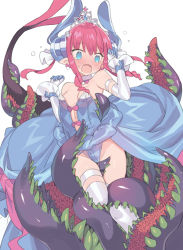 Rule 34 | 1girl, @ @, blade (galaxist), blue dress, blue eyes, blue leotard, blush, breasts, crown, dress, elbow gloves, elizabeth bathory (cinderella rider) (fate), elizabeth bathory (fate), fang, fate/grand order, fate (series), gloves, hands up, horns, imminent rape, leotard, open mouth, pink hair, pointy ears, sea demon, simple background, small breasts, solo, strapless, strapless leotard, tail, tears, tentacle pit, tentacles, thighhighs, vore, white background, white gloves, white thighhighs