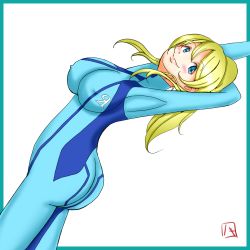 Rule 34 | 1girl, aqua bodysuit, arms behind head, ass, ayase eli, blonde hair, blue bodysuit, blue eyes, blush, bodysuit, breasts, cosplay, covered erect nipples, female focus, floating hair, hair between eyes, high ponytail, highres, large breasts, long hair, looking at viewer, love live!, love live! school idol project, parted lips, ponytail, samus aran, samus aran (cosplay), short hair, signature, simple background, smile, solo, standing, white background, zero mozzarella