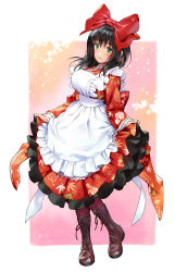 Rule 34 | 1girl, apron, black hair, blush, boots, bow, breasts, brown footwear, commentary request, commission, dress, frilled apron, frills, full body, green eyes, hair bow, highres, large breasts, long hair, long sleeves, looking at viewer, maid, maid apron, matsuda (matsukichi), original, petticoat, red bow, red dress, skeb commission, smile, solo, standing, white apron