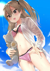Rule 34 | 10s, 1girl, alternate costume, amasora taichi, bandages, bikini, bikini pull, black ribbon, blue sky, boko (girls und panzer), breasts, brown eyes, clothes pull, collarbone, collared shirt, commentary request, cowboy shot, day, from below, girls und panzer, hair between eyes, hair ribbon, hairband, highres, light brown hair, lips, long hair, long sleeves, looking at viewer, navel, open clothes, open mouth, open shirt, pink bikini, ribbon, shimada arisu, shirt, side ponytail, sky, small breasts, solo, stomach, stuffed animal, stuffed toy, sun, sunlight, swimsuit, teddy bear, thighs