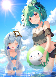 Rule 34 | 2girls, absurdres, alternate breast size, amane kanata, angel, angel wings, asymmetrical bangs, asymmetrical hair, ball, bare shoulders, beachball, blue hair, blush, bow, breasts, butterfly hair ornament, cleavage, closed eyes, cloud, collarbone, colored inner hair, detached sleeves, double bun, feathered wings, frills, gradient wings, green hair, hair bun, hair ornament, hair over one eye, hair ribbon, halo, highres, holding, hololive, huge filesize, jewelry, kimae, leaning forward, looking at viewer, medium breasts, midriff, mini wings, multicolored hair, multicolored wings, multiple girls, nail polish, navel, necklace, open mouth, outdoors, red eyes, ribbon, see-through, short hair, sidelocks, silver hair, single hair intake, skull hair ornament, sky, small breasts, smile, standing, star halo, swimsuit, teeth, upper teeth only, uruha rushia, virtual youtuber, water, wings